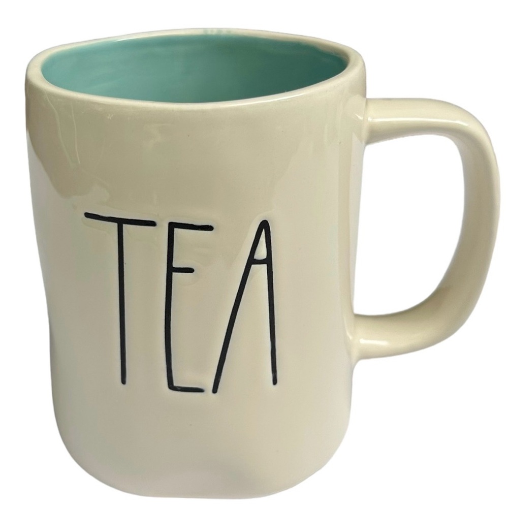 Rae Dunn TEA Mug White Teal Interior Black Large Letter Dimples NWT 2017 OG
